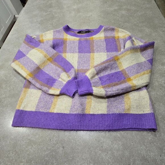 VERO MODA Women’s Plaid Puff Long Sleeves Sweater  Lilac/Gold/Cream - Sze Medium - Picture 1 of 11